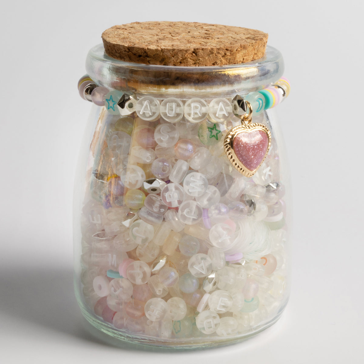 Aura Bead Kit with Clear Letter Beads Pastel Accents and Glitter Heart Charm DIY Jar