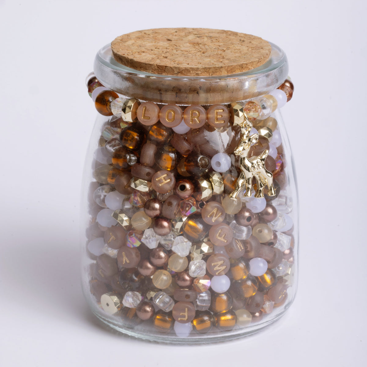 Lore Neutrals Browns and Coppers Alphabet Bead Jar with Gold Fawn Charm