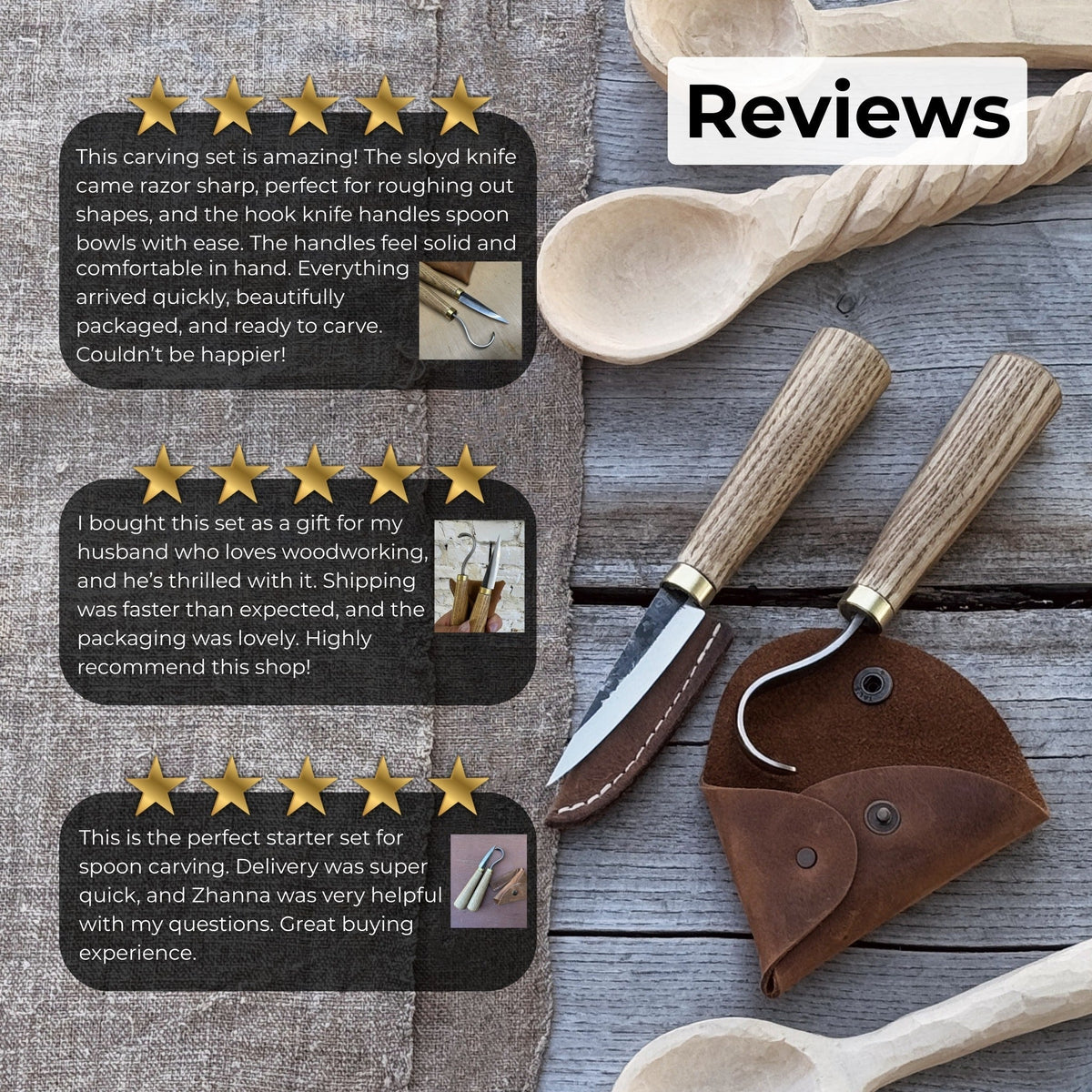 2-Piece Spoon Carving Knife Set with Leather Sheaths