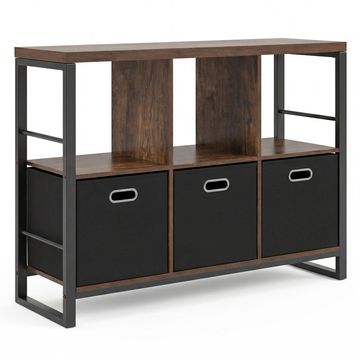 6-Cube Industrial Bookshelf with Storage Bins & Metal Frame
