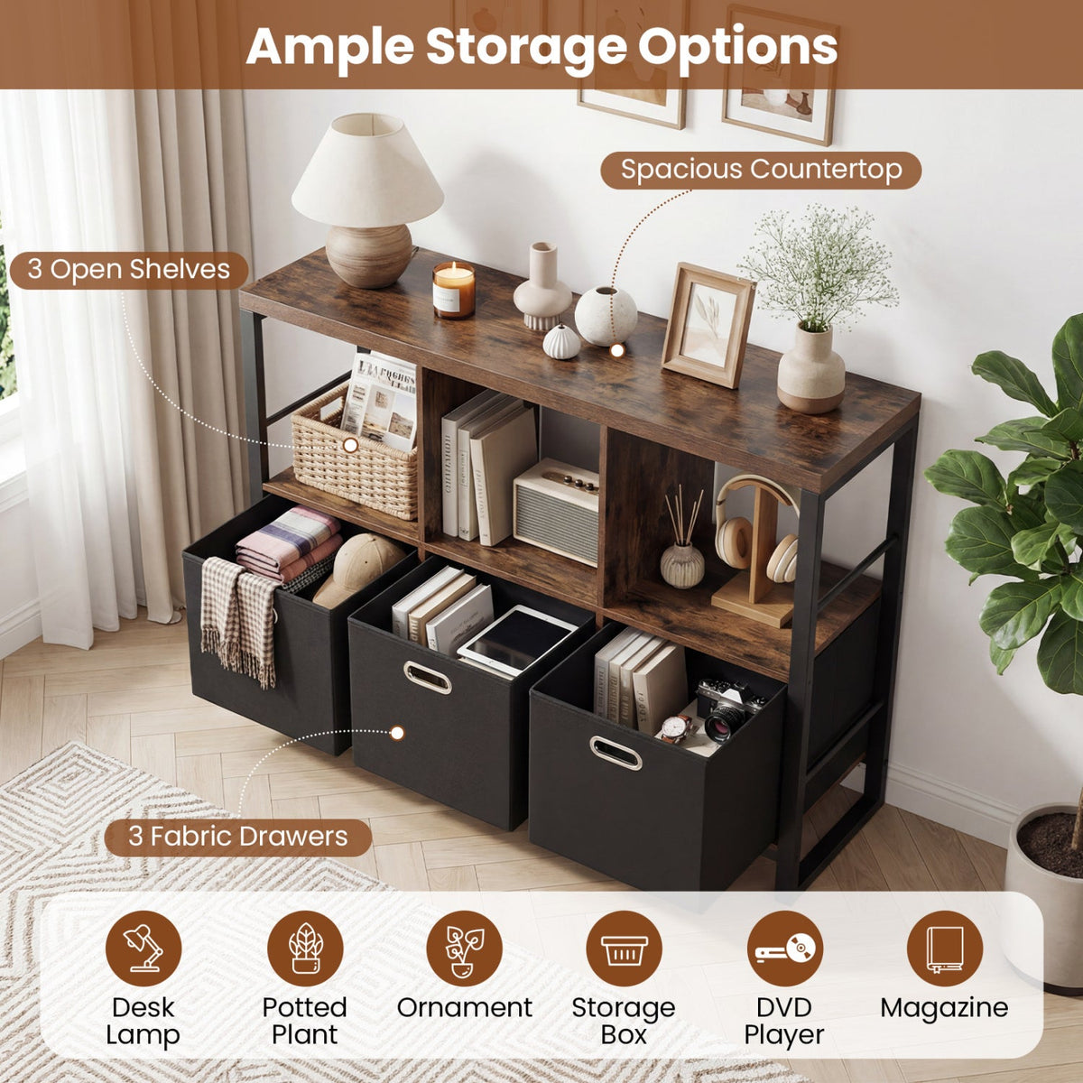 6-Cube Industrial Bookshelf with Storage Bins & Metal Frame