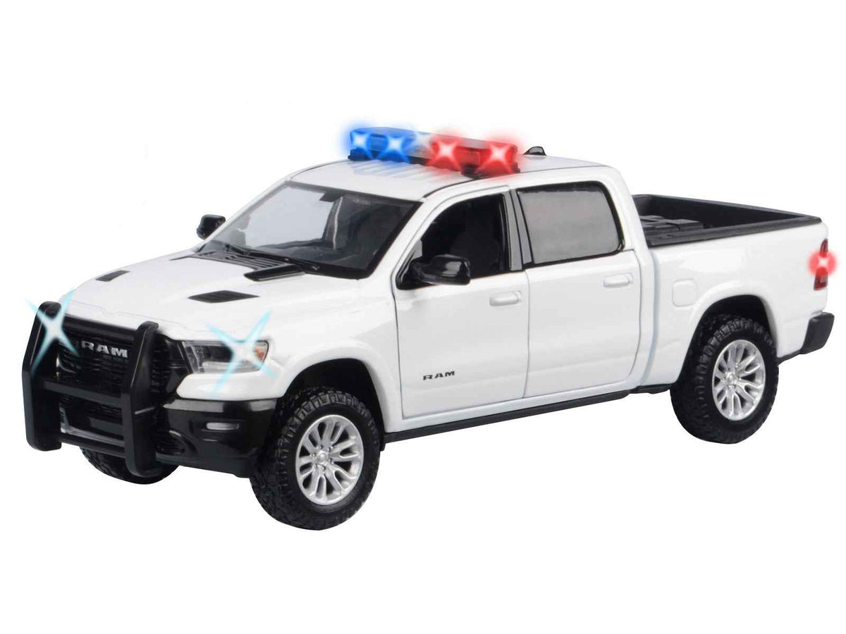 2019 RAM 1500 Laramie Crew Cab Pickup Truck White with Flashing Light Bar and Front and Rear Lights and Sounds 1/24-1/27 Diecast Model Car by Motormax