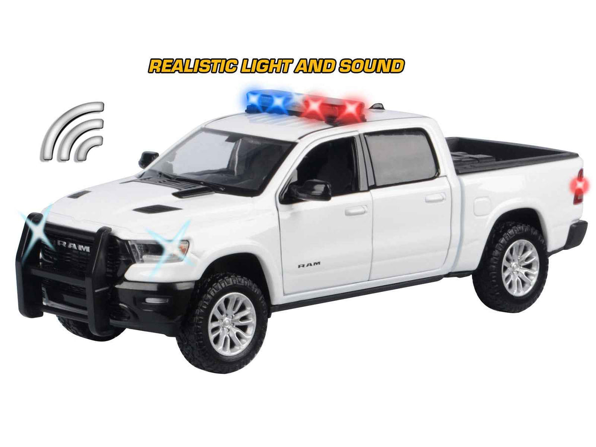 2019 RAM 1500 Laramie Crew Cab Pickup Truck White with Flashing Light Bar and Front and Rear Lights and Sounds 1/24-1/27 Diecast Model Car by Motormax