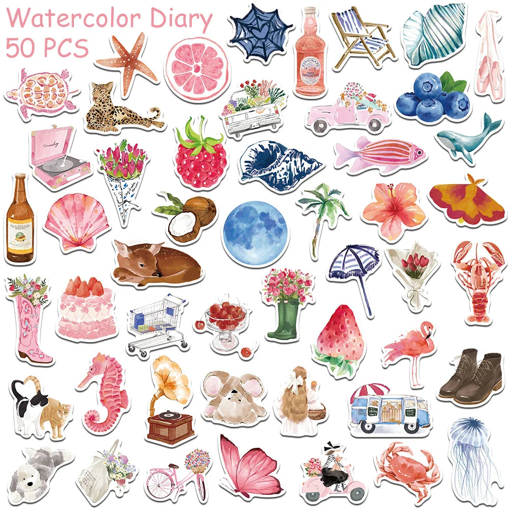 Cartoon Watercolor Aesthetic Stickers for DIY Decoration Set