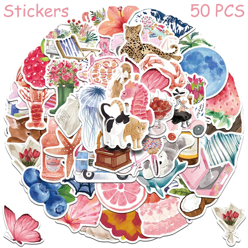 Cartoon Watercolor Aesthetic Stickers for DIY Decoration Set