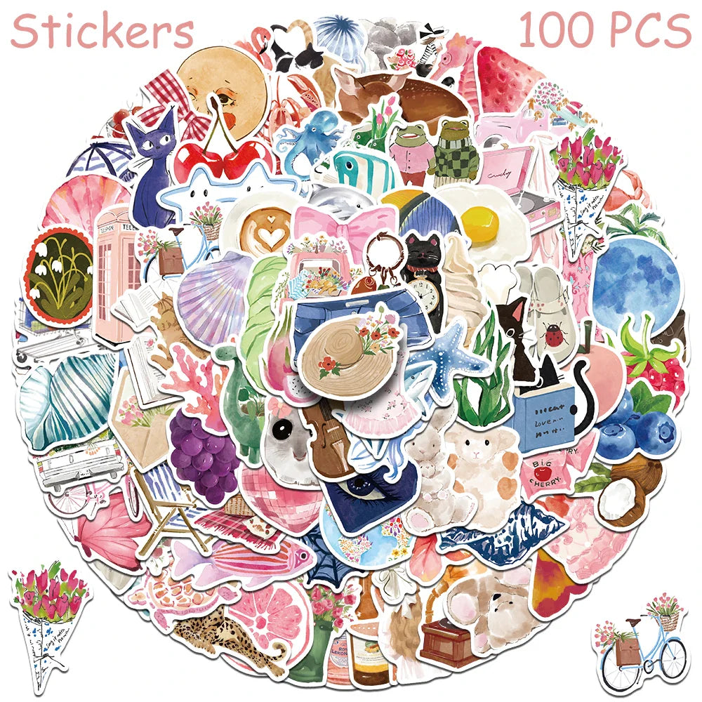 Cartoon Watercolor Aesthetic Stickers for DIY Decoration Set