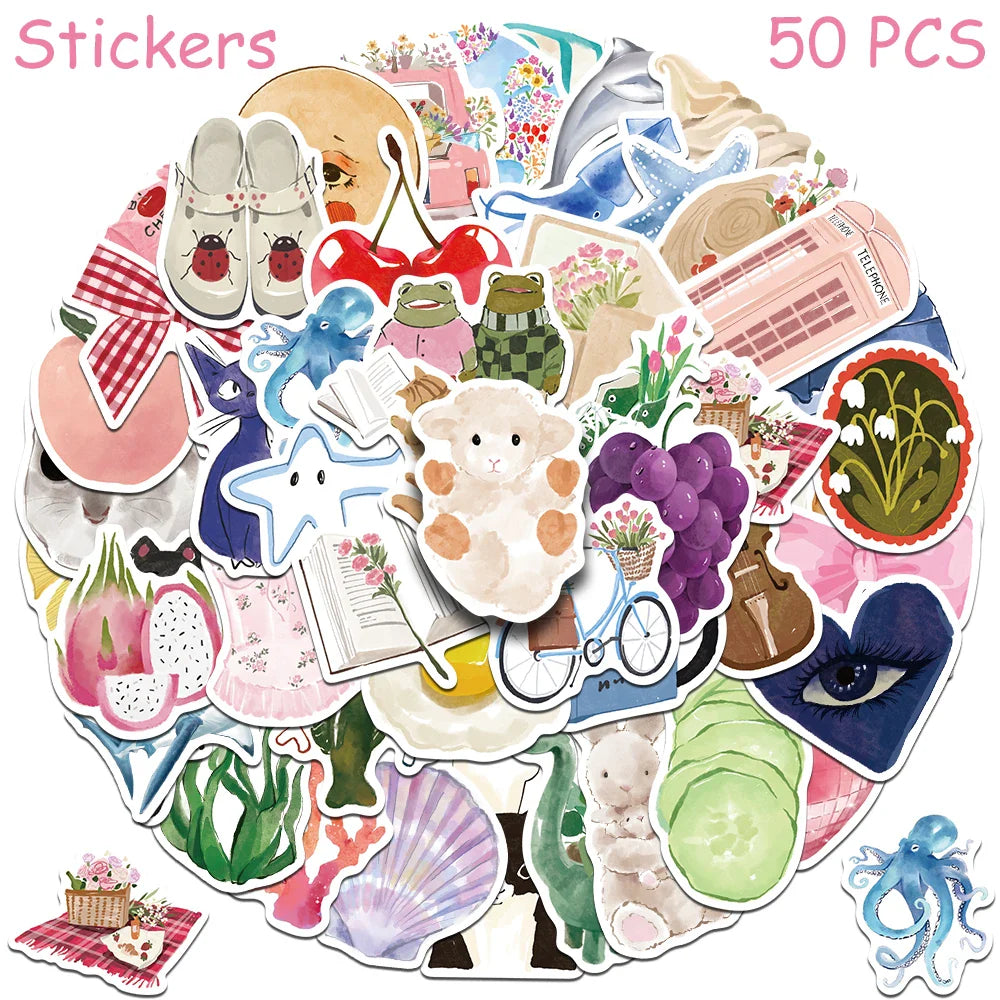 Cartoon Watercolor Aesthetic Stickers for DIY Decoration Set