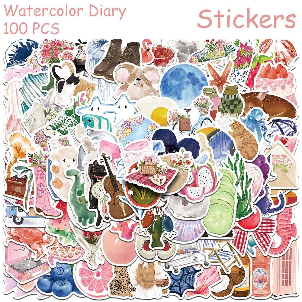 Cartoon Watercolor Aesthetic Stickers for DIY Decoration Set