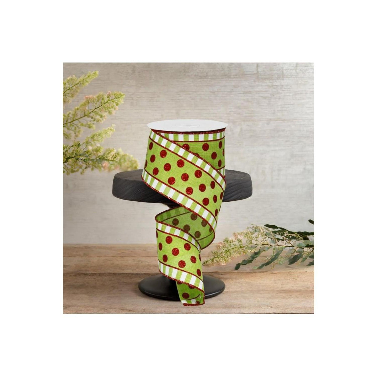 2.5in Dots & Stripes Glitter Ribbon: Lime Green, White, Red (10 Yards)