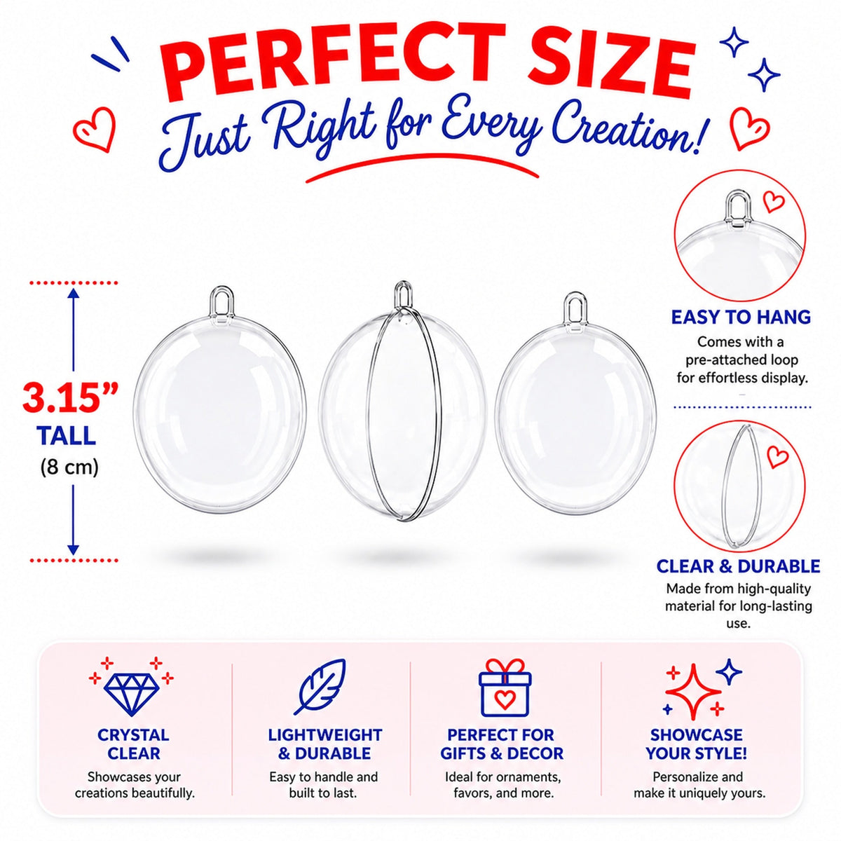 3.15-Inch Clear Plastic Fillable Christmas Ball Ornaments for DIY Projects: Set of 3