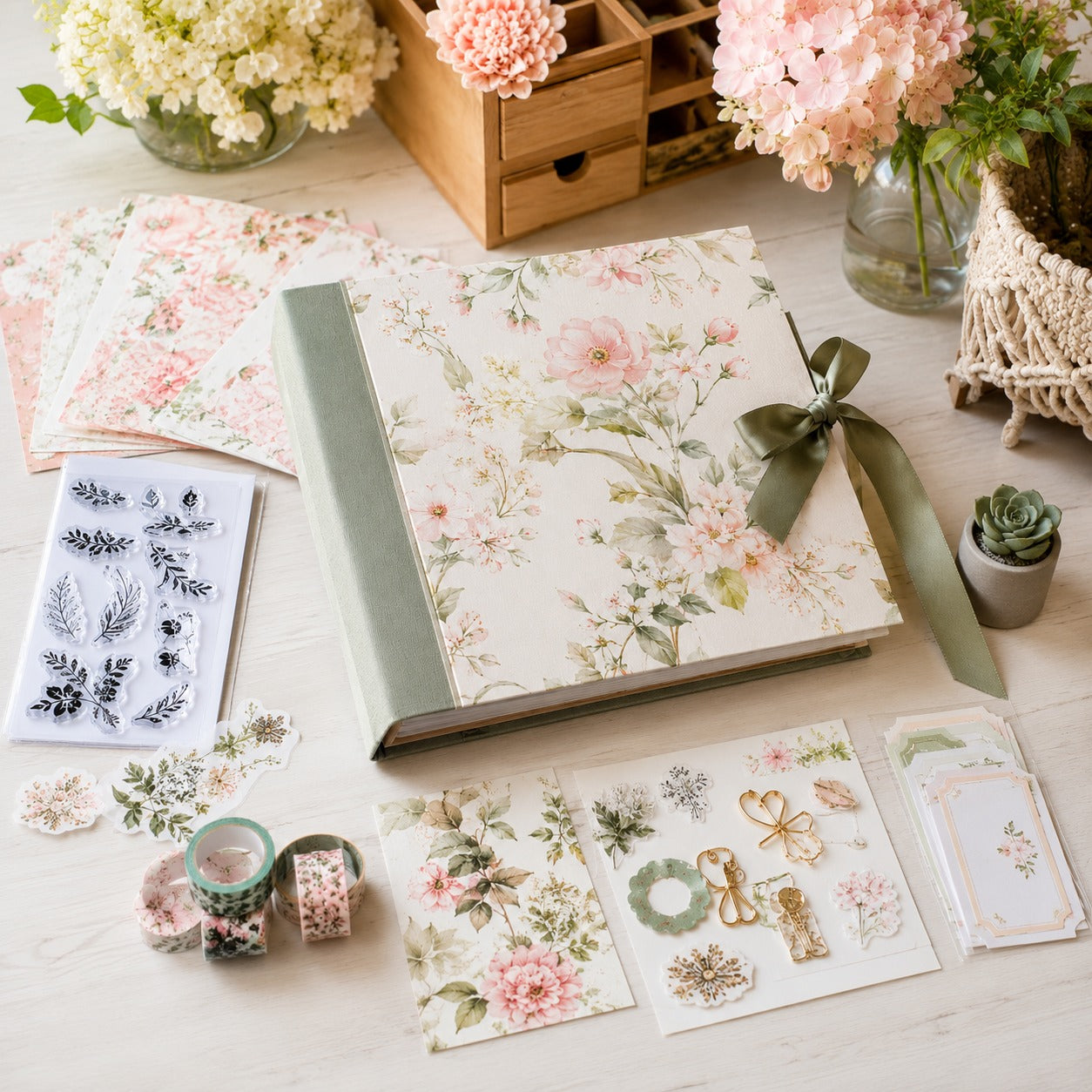 Floral notebook with decorative elements on a light wooden surface