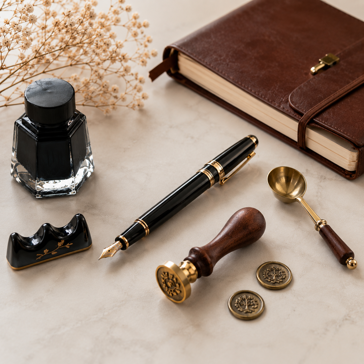 Fountain pen, inkwell, notebook, and wax seal set on a light surface.