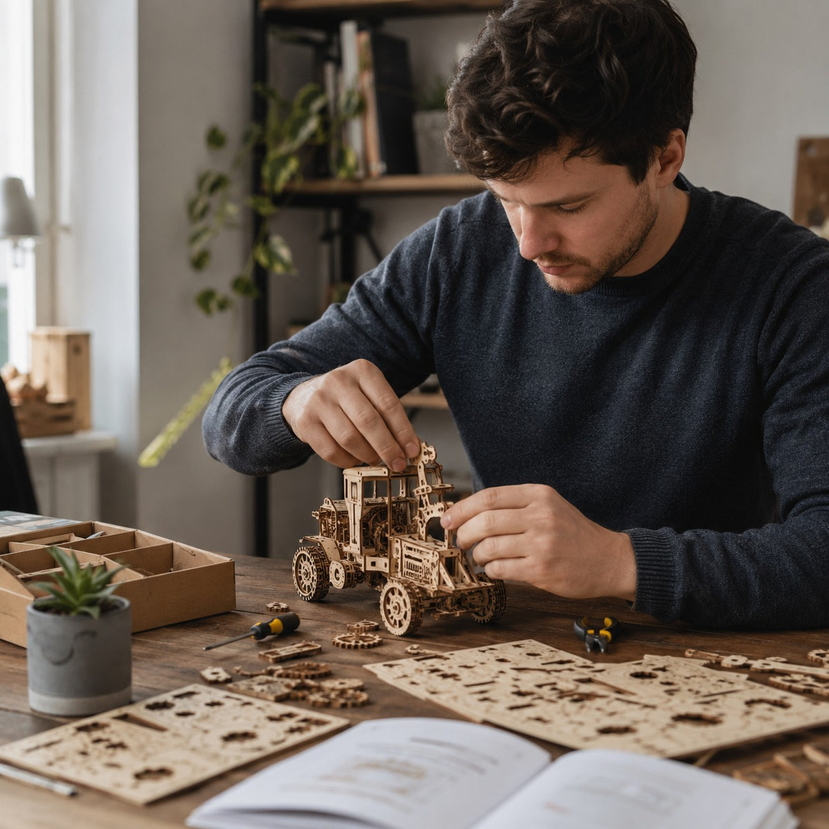 Man assembling a wooden model vehicle in a cozy room with books and plants.