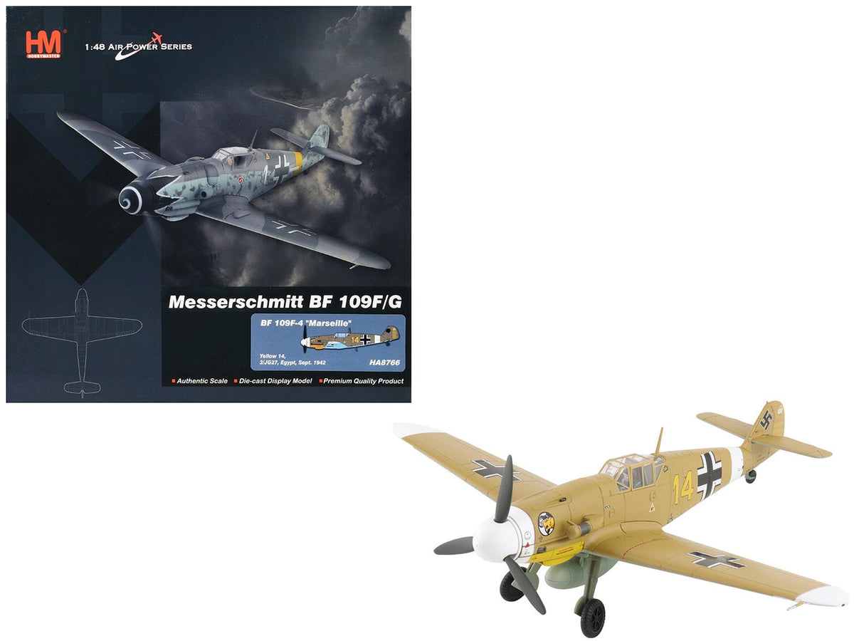 Messerschmitt Bf 109F-4 Fighter Aircraft "Marseille Yellow 14 3./JG27 Egypt" (1942) German Luftwaffe "Air Power Series" 1/48 Diecast Model by Hobby Master  free shipping USA