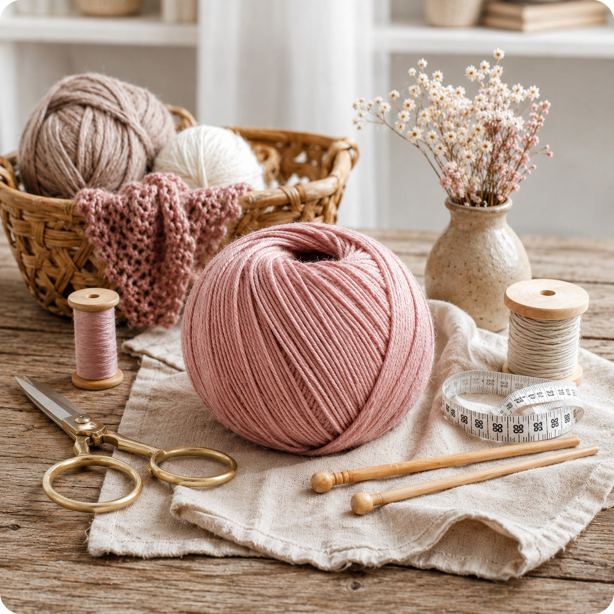 Pink yarn ball with knitting tools on a wooden table