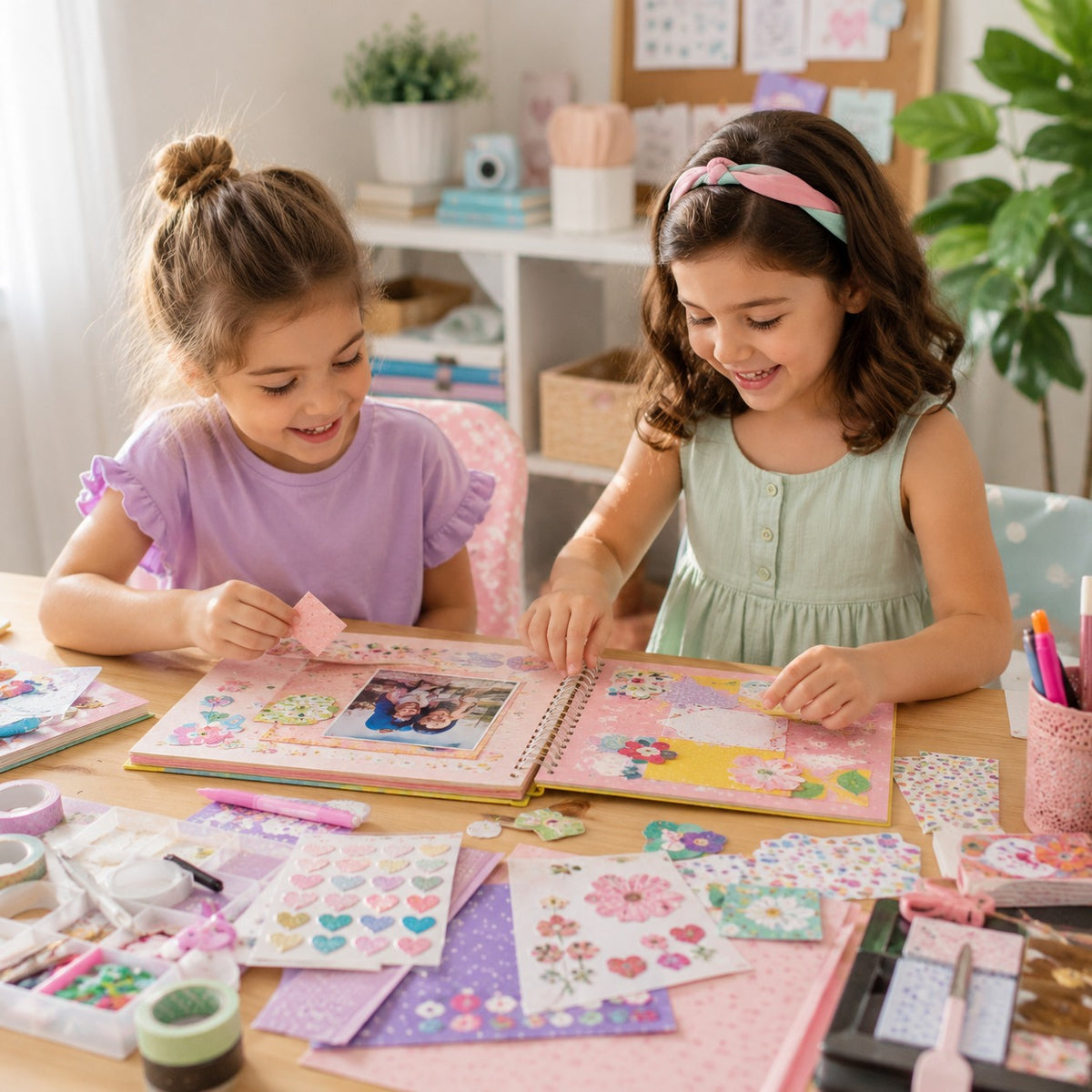 Two young girls engaged in a craft activity at a table with materials and supplies.