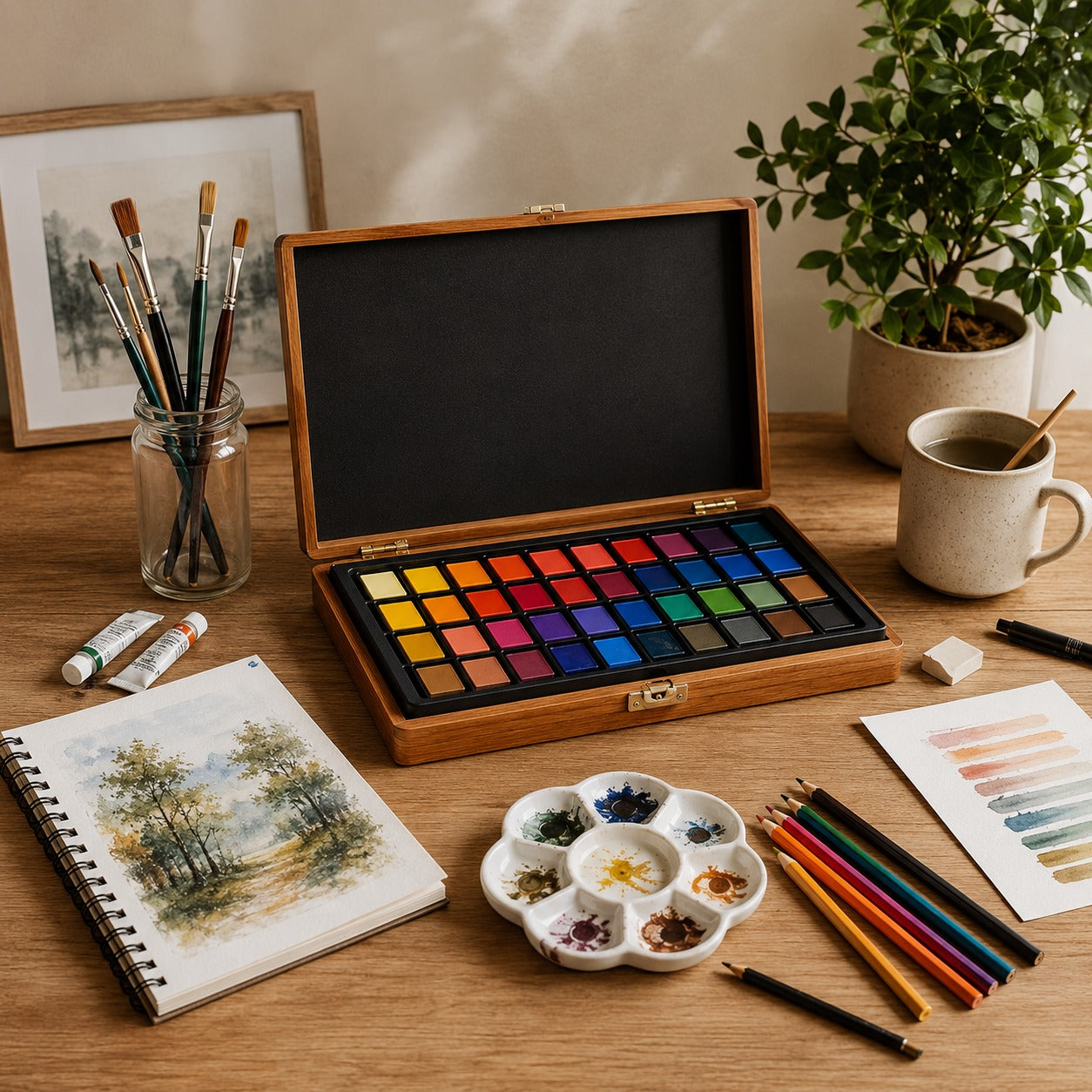Artistic setup with watercolor paints, brushes, and a painting on a wooden table.