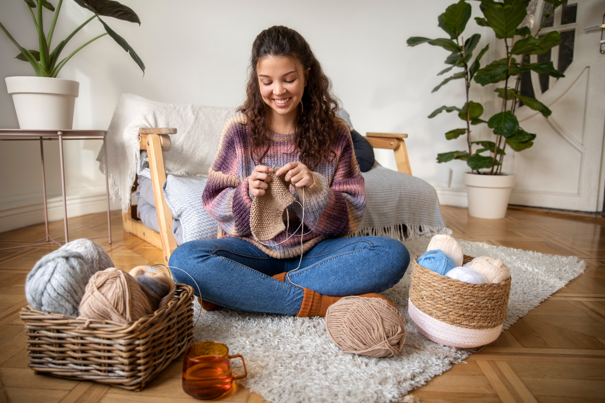 Woman sitting on a rug in a living room, knitting with yarn and knitting needles.