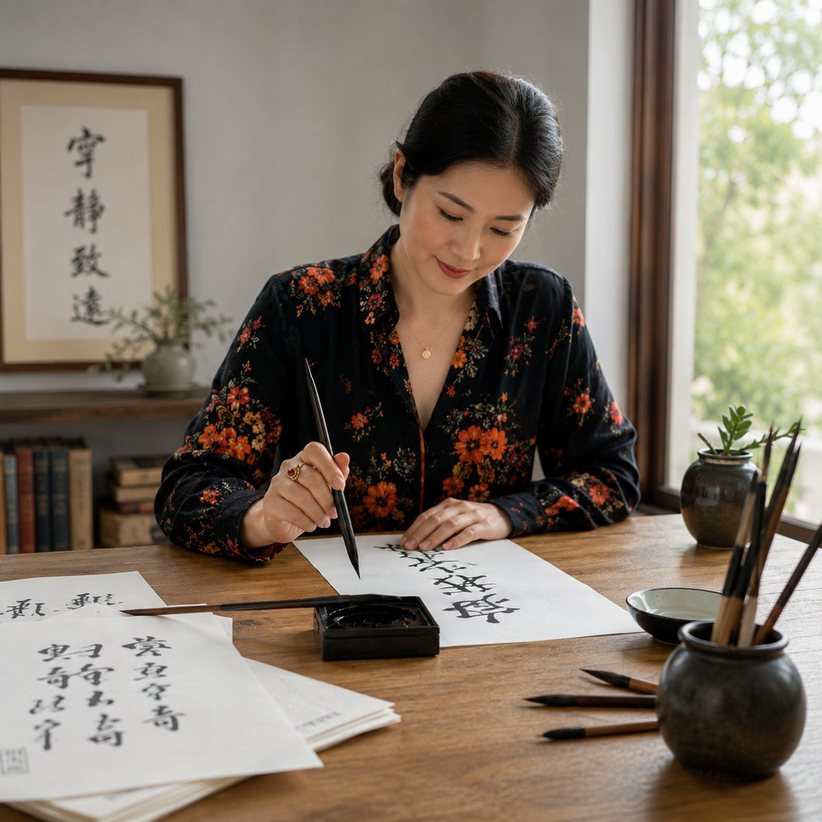 Woman practicing calligraphy at a desk with a window in the background
