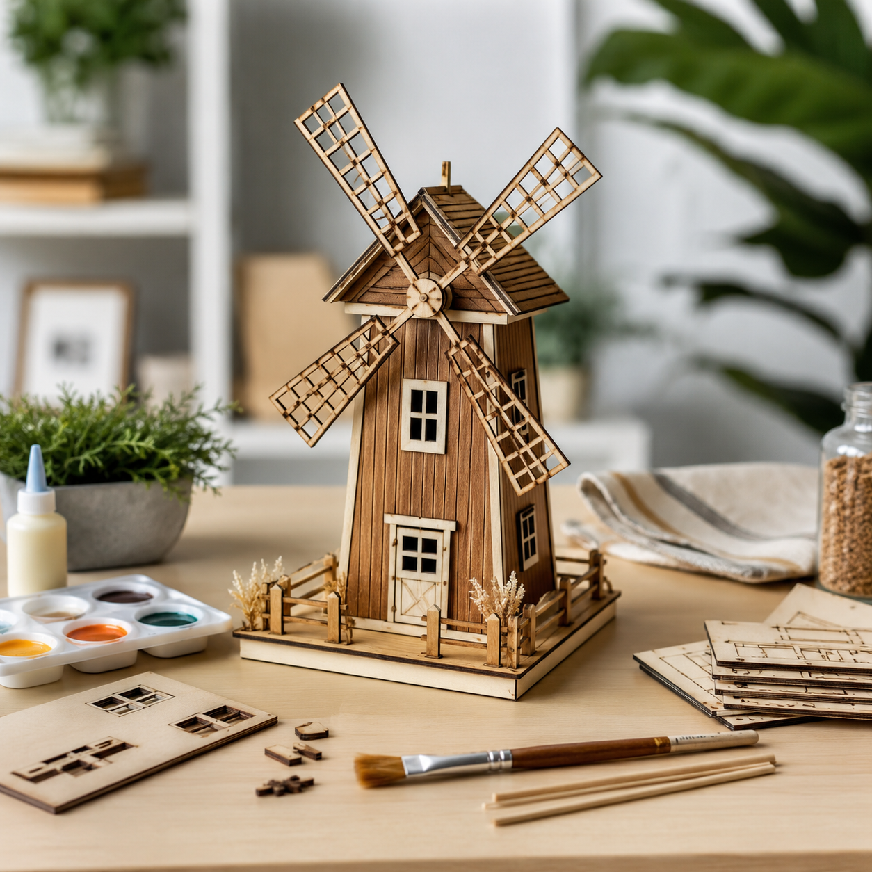 Wooden model of a windmill on a table with paint supplies and a blurred indoor background